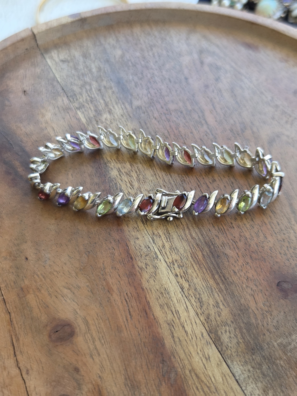 Sterling Silver Multicolor Gemstone Link Bracelet in Silver Tone - Women Jewelry